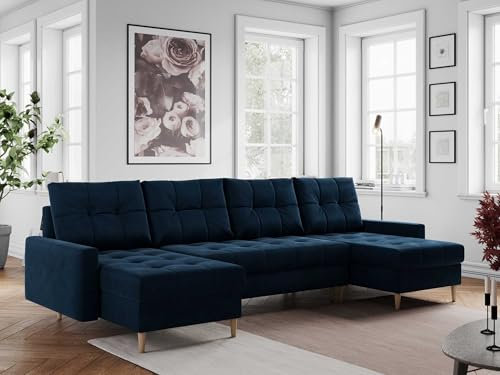MKS MEBLE Sofa U-Form mit Schlaffunktion, Wohnlandschaft U-Form, Couch mit Schlaffunktion und Bettkasten, Schlafsofa mit Bettkasten, Couch mit Schlaffunktion - Dunkelblau Velvet Colin U