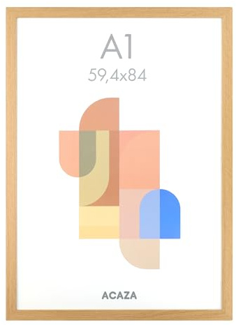 ACAZA A1 Bilderrahmen 59,4x84 cm Format Din A1 Warme Eiche, MDF Holz mit bruchsicherem Acrylglas, für Photos, Poster und Puzzles, Wandmontage, Hoch- und Querformat