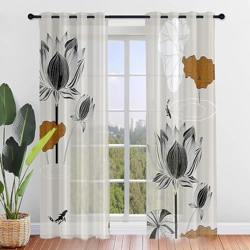 Hixingo Sheer Voile Gardinen Lotus-Druck Vorhänge, 2er Set Vorhang mit Ösen, Modern Halbtransparent Scheibengardinen Wohnzimmer Küchen (132x213cm,Klassisch)