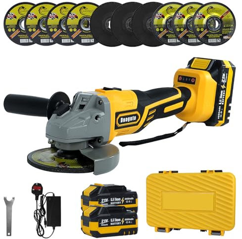Duoguto 21V Cordless Angle Grinder with 2 Batteries and Charger,125MM Discs×10 for Cutting/Grinding/Polishing, Battery Angle Grinder Brushless 8500 RPM, Carrying Case Included