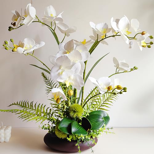 SYDDOL - Flores artificiales de orquídea blanca de 50 cm en maceta, ramo alto de Phalaenopsis con maceta de cerámica que se ve real para centro de mesa interior, decoración del hogar (flor blanca +