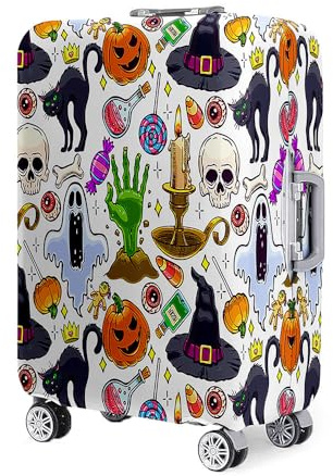 FANSU Halloween Kofferhülle Kofferschutzhülle, Elastisch Reisekoffer Schutzhülle mit Reißverschluss, Waschbar Gepäckabdeckung - 18 bis 32 Zoll (weißer Totenkopf,XL(29-32in))