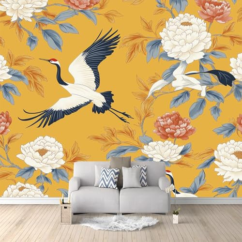 Fototapete Pfingstrosen Vögel Senfgelb 200x140 cm 3D Vliestapete Wandbild, Mustertapete Moderne Wandtapete, Wohnzimmer Schlafzimmer Kinderzimmer Büro Flur Wanddeko