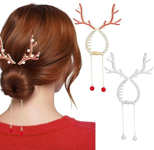 Weihnachten Haarspangen, 2pcs Weihnachten Haarschmuck für Frauen, Weihnachts Rentier Pferdeschwanz Bananenclip Mit Quaste Strasssteinen Perlen, Glitzernde Haarschmuck Weihnachten