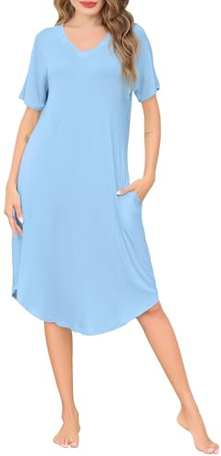 Wikoan Camicia da Notte Donna con Scollo a V Camicie da Notte Morbide Estive Camicie da Notte a Maniche Corte Pigiama da Notte,Azzurro,XXL