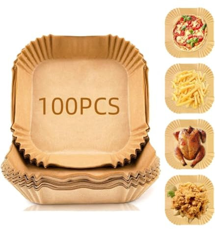 Papier four pour friteuse à air 100 pièces, 16 x 16 x 4,5 cm, extensible à 20 cm, papier à frire à air, carré, même pour micro-ondes, anti-adhésif jetable papier parchemin