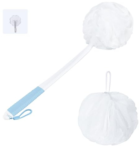 VANZAVANZU Badeschwamm Duschschwamm Satz Peeling Schwamm, Badeschwamm Rückenbürste mit 42cm Kunststoff Anti-Rutsch Handhaben, Flauschige Duschschwamm körper Weiches Netz Luffa-Weiß mit blauem Griff
