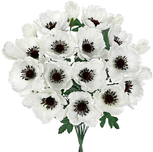 Hollyone 2 Bündel Kunstblume Mohnblumen Künstlich Weiß Dekoblume mit 7 Blütenköpfen Seidenblumen wie echt Mohn Blumengesteck für Herbstdeko Party Home Büro Tischdeko