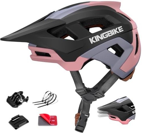 KINGBIKE MTB Helmet with Adjustable Visor Camera Mount NTA-8776 E-Bike Certified Mountain Bike Helmet for Men Women Adults Downhill Cycling (Gray Pink, L)