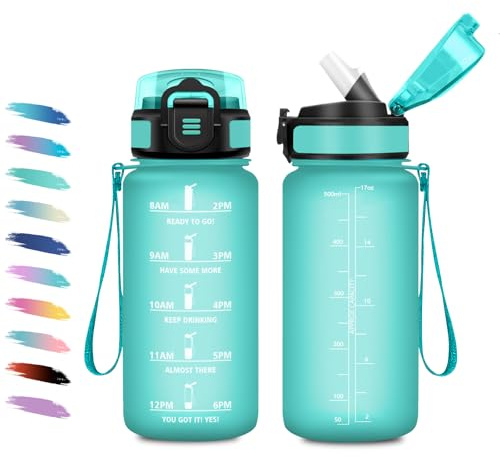 KollyKolla Borraccia 500ml, Borraccia con Cannuccia, Facile Pulizia, a Prova di Perdite, Bottiglia Acqua Motivazionale con Indicatore del Tempo, Bottiglia per Ufficio, Escursionismo, Yoga