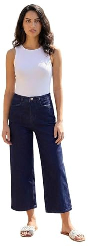 Roman Originials Denim Culottes for Women UK Ladies Cotton Cropped Trouser Wide Leg Jean Stretch Pants Capri 3/4 Length Three Quarter Summer Loose Casual Spring - Plain Indigo - Size 14