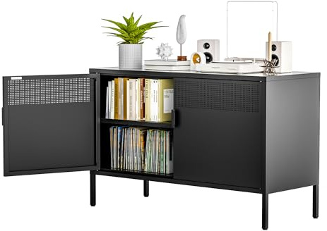 Förvaringsskåp i metall med dörrar och hyllor, stålskåp för vardagsrum, metall-arkivskåp för hem och kontor, svart, 40 T x 100 B x 64 H cm