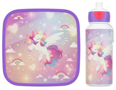 Mepal Set pranzo XL Campus | Bentobox grande e borraccia | lavabile in lavastoviglie | 400 & 1300 ml | con scomparti, forchetta e chiusura a clip | perfetto per snack e pasti | Unicorn Glow