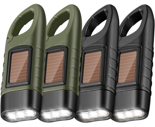 Mudder 4 Pack Hand Crank Solar Powered Flashlight Emergency Rechargeable Led Flashlight Survival Gear Self Powered Charging Torch for Hiking Backpack Camping Safety Emergency Pack (Green, Black)