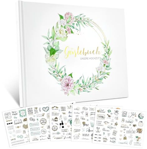 Libro degli ospiti per matrimoni con 213 adesivi, libro degli ospiti per matrimoni, 120 pagine, colore beige, libro degli ospiti per matrimoni, libro di nozze e album di nozze per ricordi, 17 x 23 cm