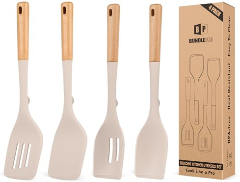 Lot de 4 ustensiles de cuisine en silicone, cuillères fendues résistantes à la chaleur avec manche en bois, ustensiles de cuisine idéaux pour mélanger, servir, tourner, remuer (kaki)