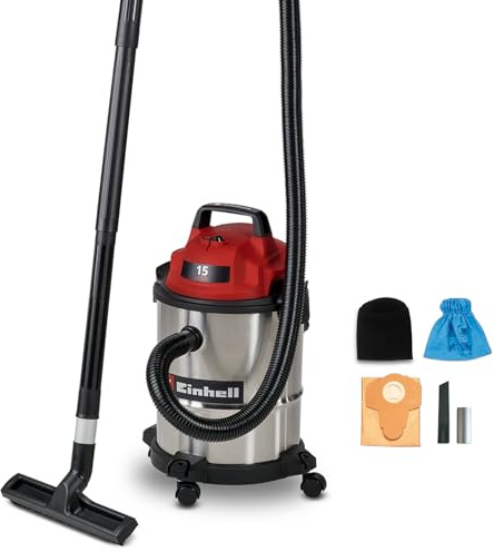 Einhell Aspirateur eaux et poussières TC-VC 1540 S (900 W, capacité d’Aspiration de 180 mbar, cuve en INOX de 15 l, roulettes, Supports d’Accessoires, avec Divers filtres et Accessoires)