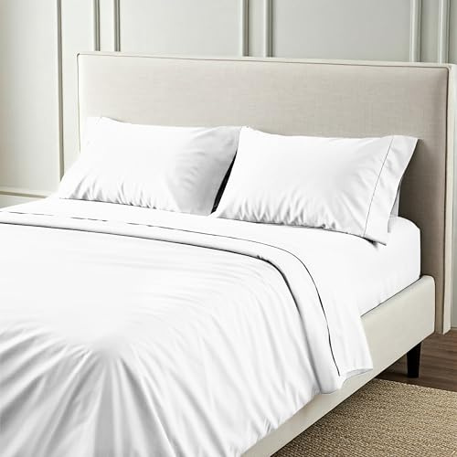 Mayfair Linen 100% Egyptian Cotton Sheets Queen Size - High Thread Count Egyptian Cotton Queen Sheet Set (4 PC, Bright White), 16 Deep Pocket Bed Set, Silky Soft, Cooling, Sateen Weave Bedding