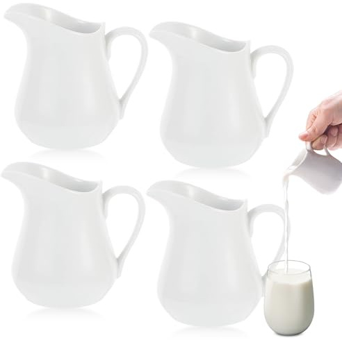VEGOATY Milchkännchen Porzellan: 4 Stück Keramik Milchkännchen Klein 80ml, Weiße Sahnekännchen Klein mit Griff für Milch, Soße, Kaffee, Sahnekännchen Keramik für Küche Bar Café