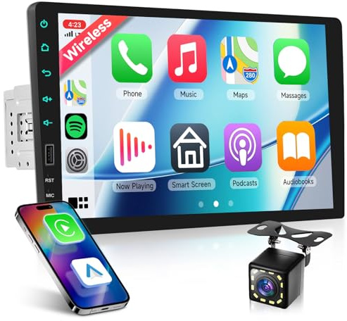 VECHTEL Autoradio 1 Din con Carplay Android Auto senza Fili, 9 Pollici IPS Touch Screen Stereo Auto Supporto Bluetooth Radio AM/FM/RDS EQ USB Mirror Link SWC MIC Telecamera Posteriore