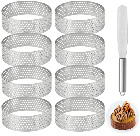 8 Piezas Moldes Perforados Tartaletas, Anillo para Tarta de Mousse de Acero Inoxidable y Espátulas de Glaseado，6 cm x 2 cm (Diámetro x Alto),Microperforado y Desmontable,Ideal para Tarta Crumpet