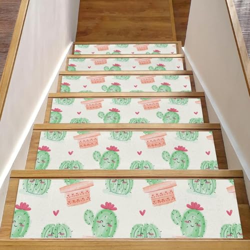 RODAILYCAY 15 tappetini per scale con cactus acquerello, 20,3 x 76,2 cm, gradini per scale in legno per interni, tappeti antiscivolo per scale, superficie in poliestere TPE con retro