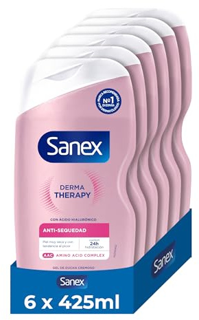 Sanex Derma Therapy Anti-Sequedad, Gel de Ducha, Pack 6x425ml | Gel cremoso piel seca con ácido hialurónico, Alivia sequedad y picor, Hidratación 24 horas, 90% Natural, 0% sulfatos