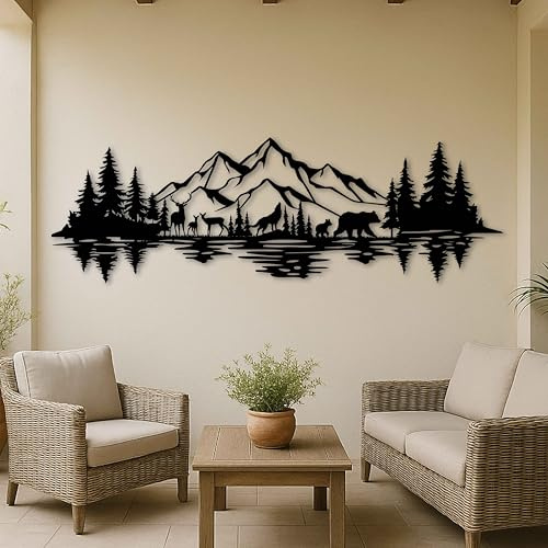 KAWA METALWORKS Wanddekoration aus Metall, Motiv: Bergbäume, Metallwandskulptur mit Bär, Hirsch und Wolf, Naturlandschaft, Heimakzent, rustikale Hüttendekoration für Wohnzimmer, Schlafzimmer, Büro