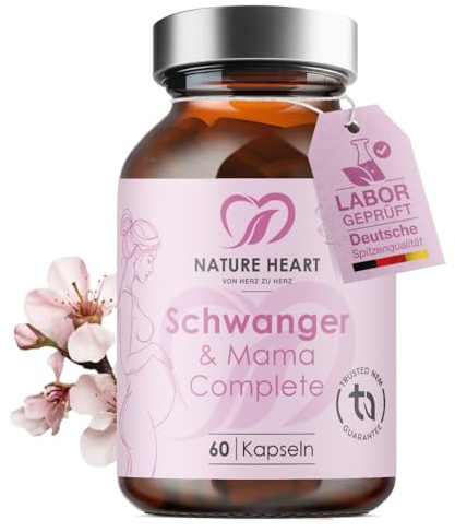 Nature Heart Schwanger & Mama Complete 60 Kapseln | Mit Folat, Eisen, Jod, Cholin & Vitaminen, Vegan, Für Kinderwunsch, Schwangerschaft & Stillzeit