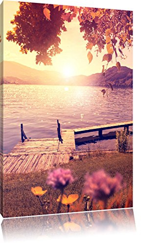 Pixxprint Steg im Sonnenuntergang Meer Urlaub, Größe: 60x40cm, Leinwandbild, fertig gespannt, Wandbild, Dekoration, Kunstdruck, kein Poster