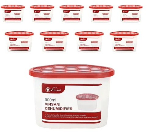 Vinsani 10pc Disposable Dehumidifier Moisture Absorber Condensation Remover | 500mL De Humidifiers for Damp, Mould & Moisture in Home, Bathroom, Kitchen, Wardrobe, Caravan, Office & Bedroom