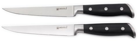 Laguiole Cuisson Couteau à Steak, 25cm, Argent/Noir, Lot de 2 | Lame forgée acier 420J2, tranchant exceptionnel, résistante à l’oxydation, manche ABS noir, robuste, ergonomique