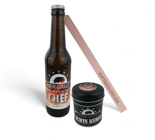 schenken-24 Geschenkset - Biermotiv zum auswählen - Grillgewürz -Grillzange personalisiert - Geburtstagsgeschenk - Männer - BBQ -, Bier:Grillchef, Grillzange:Klaus