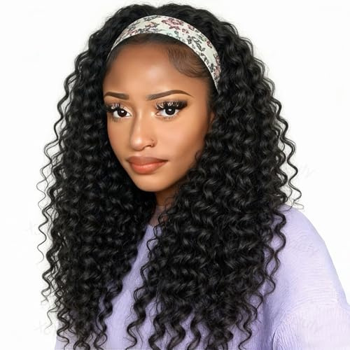 XSY - Perruque de cheveux humains ondulés avec bandeau, sans colle, sans dentelle frontale, demi-perruque pour femme noire, dentelle 150 %, couleur naturelle, 40,6 cm