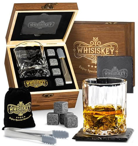 WHISISKEY Set de Vasos de Whisky - Set de Regalo de Whisky - Vaso Whisky - Regalos Originales para Hombres - Caja de Regalo, 1 Vasos de Whiskey x 310ML, 4 Cubitos Hielo Reutilizables, Accesorios