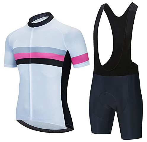 Herren Radtrikot Set Kurzarm Atmungsaktive Radtrikot Fahrradbekleidung Set Schnelltrocknend Radler Shirt + Radhose/Trägerhose mit Sitzpolster für Radsport (Weiß A2,S)