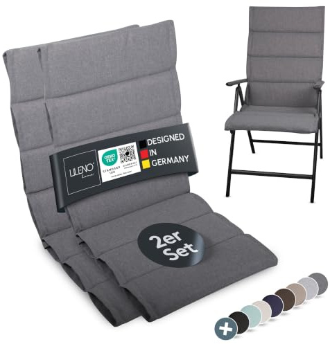 LILENO HOME Gartenstuhl Auflagen als [2er Set - Hochlehner] in Grau | bequeme Liegen als Sitzauflagen für Gartenmöbel - Stuhlkissen für Gartenstühle und Klappstühle