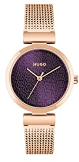HUGO Analog Quarzuhr für Damen mit Rotgoldfarbenes Edelstahl-Mesh-Gliederarmband - 1540128
