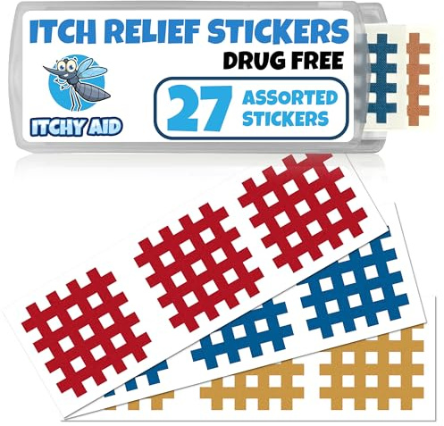 ITCHY AID Bug Bite Itch Relief Patches. 27 Stickers for Instant Reducing Itch and Swelling from Mosquitos, Midges, and Sandflies. Kid Friendly Colorful After Bite Treatment.