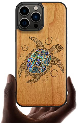 Carveit Bois Étui pour iPhone 13 Pro Max, (Cerise-Tortue de mer) | Magnétique Coque, Bois et Incrustation de Coquille de Téléphone Compatible Magsafe Avec iPhone 13 Pro Max Étui