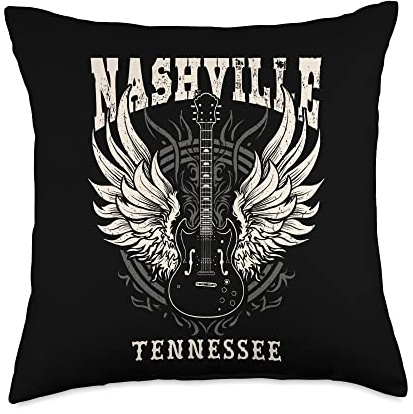 Nashville Tennessee Vintage Guitar Wings Music Throw Pillow