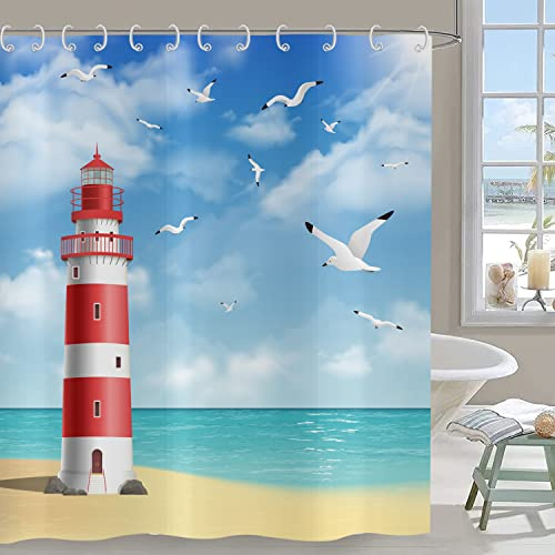 Hnmdmyi Cortina de Ducha Faro 180x200, Océano Playa Gaviota Cielo Azul Nubes Blancas Paisaje Cortina de Bañera Tela de Poliéster Impermeable Lavable Cortina de Baño con Ganchos