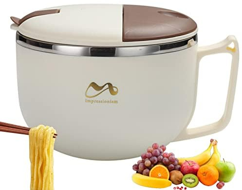 Syfunlv Ramen Instant Schüssel, Nudelschale, Edelstahl, Lunchbox mit Deckel und klappbarem Löffel, spülmaschinenfest, Suppenschale, Nudelschalen, Dessertschalen, Salatschale (900 ml)