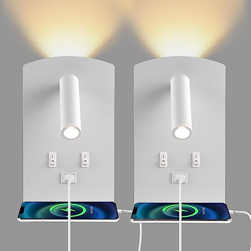 Lampada da Parete a LED 2pcs, Lampada da Lettura Sul Comodino con Vassoio per Cellulare, con Porta di Ricarica USB E Interruttore, Applique da Parete per Corridoio(Luce Calda 3w + 9w) (Bianco)