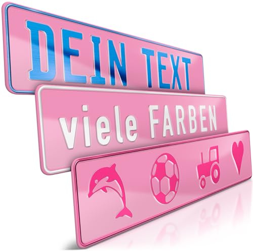 1 Fun-Schild geprägt | Rosa mit Wunschtext bis zu 16 Zeichen | Namensschild | Individuelles Fun-Kennzeichen aus Aluminium | Auto-Kennzeichen | Optional Löcher & Saugnäpfe