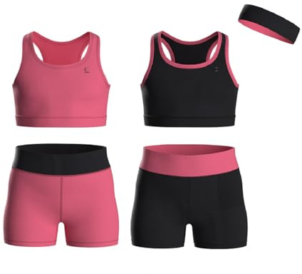 Essenclo Girls Clothing Athletic Sets Sleeveless Crop Tank Tops & Bike Shorts Cheer, Gymnastics, Volleyball Size 3-16 (5 Pcs)