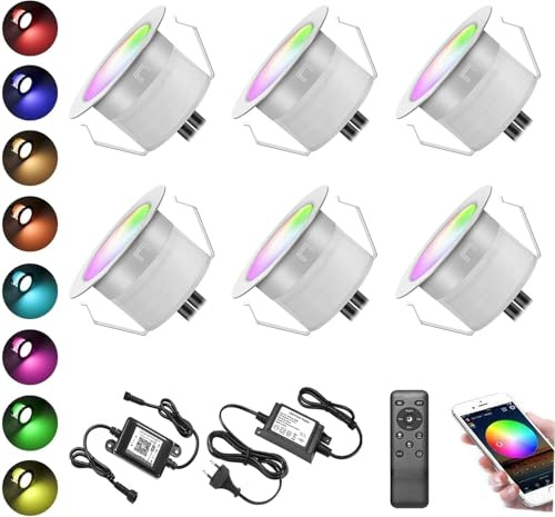 SUBOSI 6 pezzi faretti LED RGB+Bianco caldo a incasso per pavimento,Alexa compatibili,Luce da incasso IP67 impermeabile,12 V DC, Ø31 mm, 0.6 W,controllo smartphone via Wi-Fi,Terrazza Cucina Giardino
