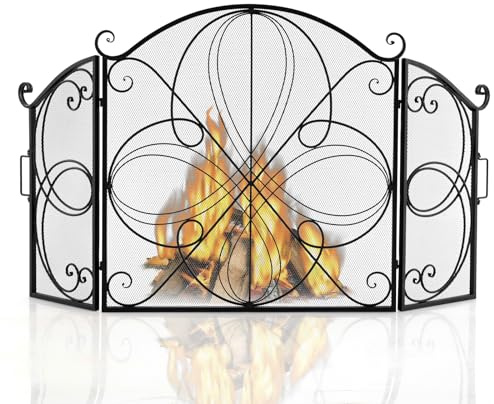 GOPLUS 3 tlg. Funkenschutzgitter, klappbarer Funkenschutz aus Metall, Kaminschutz Kamingitter für Kamin, Heimdekoration, 151 x 83 cm (mit blumigem Muster)