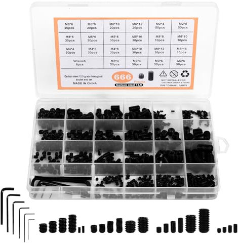 666 Stück Madenschrauben Set, M2 M3 M4 M5 M6 M8 Inbuskopf Innensechskant Gewindestifte Schrauben Wurmschraube Inbusschraube Kohlenstoffstahl Madenschrauben Sortiment Set mit Inbusschlüssel