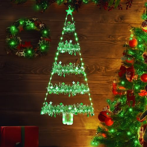 Geemoo Éclairage de Noël avec LED Arbre de Noël 81 cm, Batterie Guirlande Lumineuse d'Extérieur avec Tinsel, Minuteur, 8 Modes, Décoration de Noël pour Cadeau, Fenêtres, Portes, Intérieur Vert